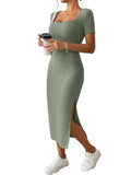 Summer Square Neck, Hip-Hugging Mid-Length Skirt, Short-Sleeved, Versatile Knitted Slit Dress JuChachaShop