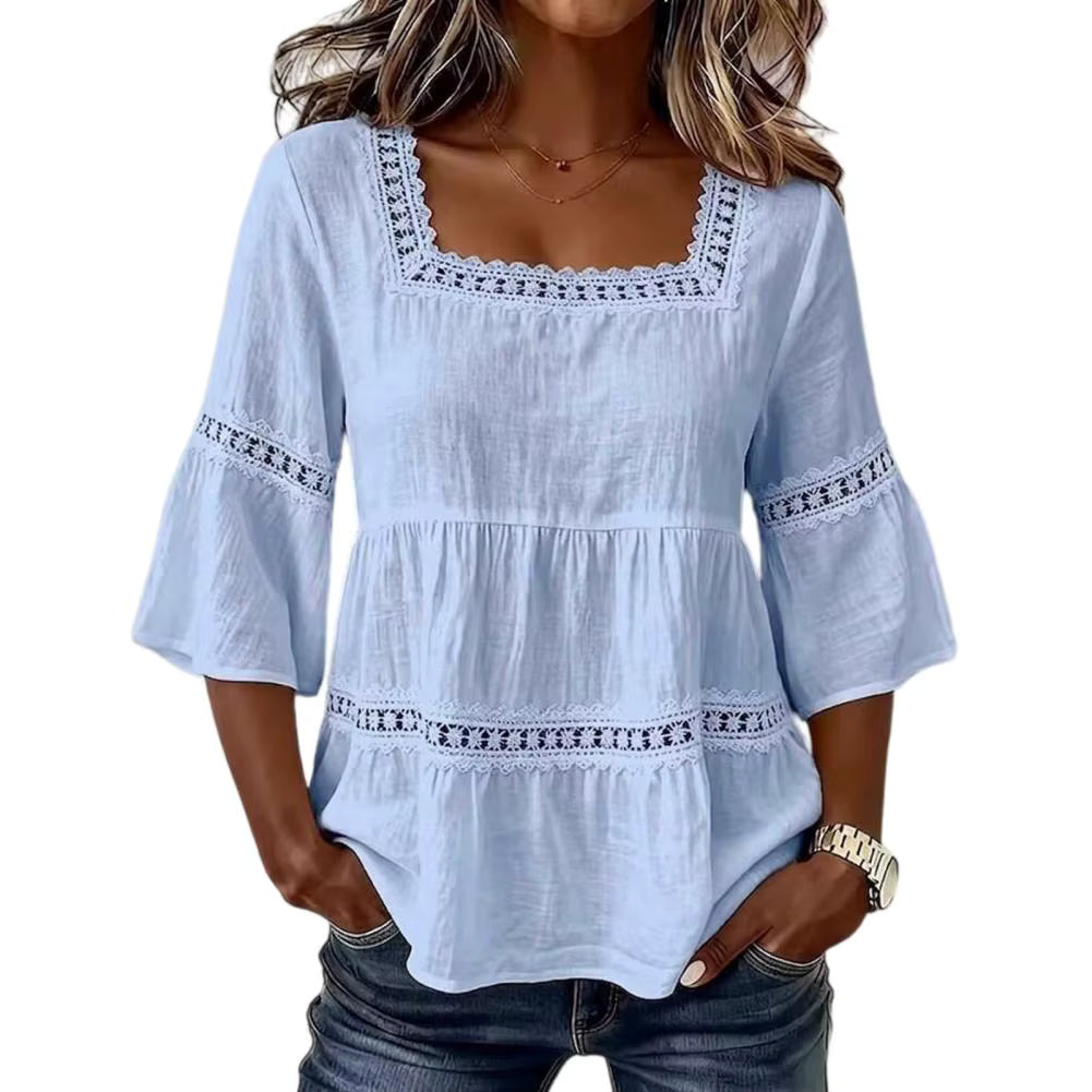 Women's Embroidered Lace Blouse | V-Neck Flare Sleeve Top