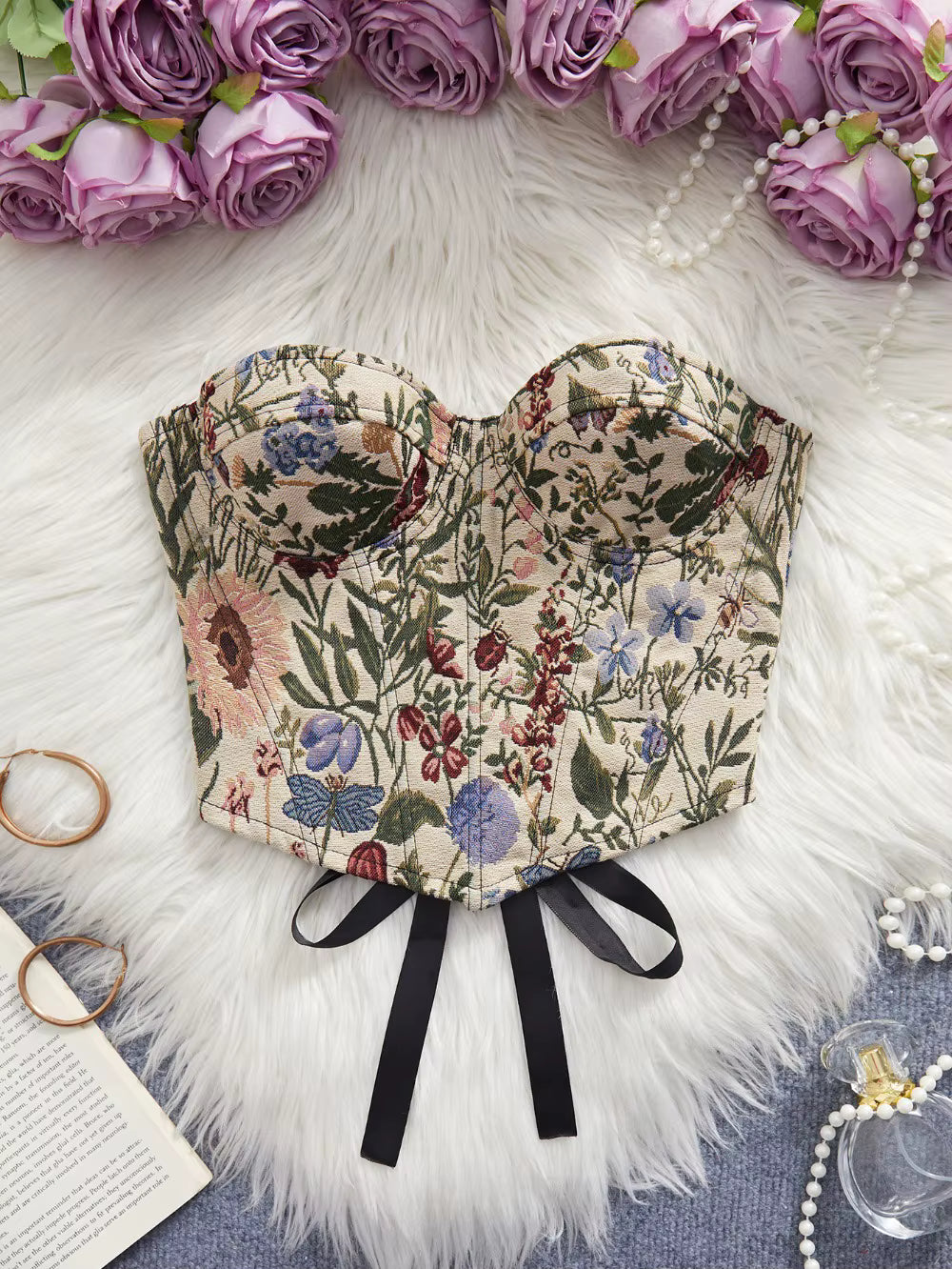 Floral Jacquard Bustier Top | Structured Sweetheart Corset Blouse
