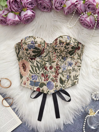 Floral Jacquard Bustier Top | Structured Sweetheart Corset Blouse