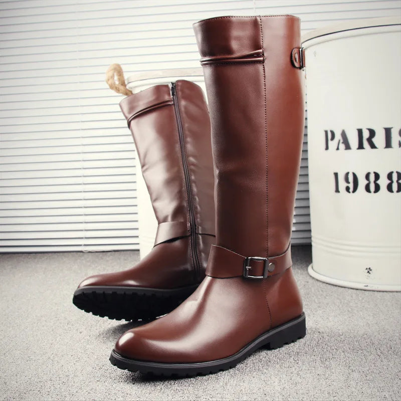 Men’s Knee High Leather Boots with Side Zipper & Buckle Potaha