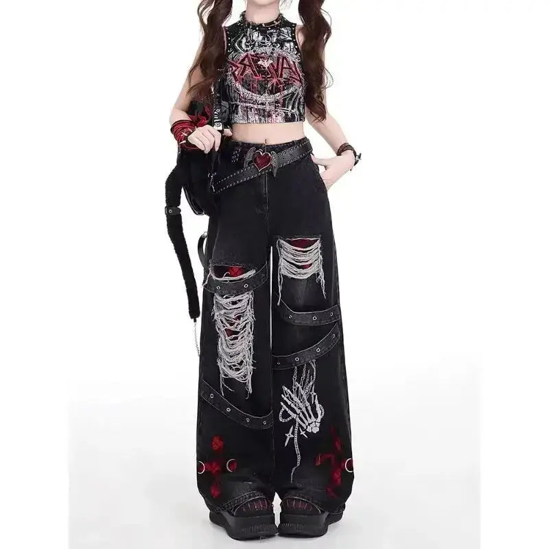 American style spicy girl loose lazy and relaxed denim pants female punk retro washed fashionable versatile casual pants JuChachaShop