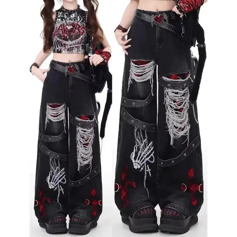 American style spicy girl loose lazy and relaxed denim pants female punk retro washed fashionable versatile casual pants JuChachaShop
