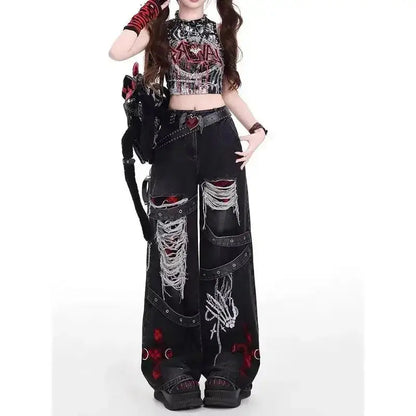 American style spicy girl loose lazy and relaxed denim pants female punk retro washed fashionable versatile casual pants JuChachaShop