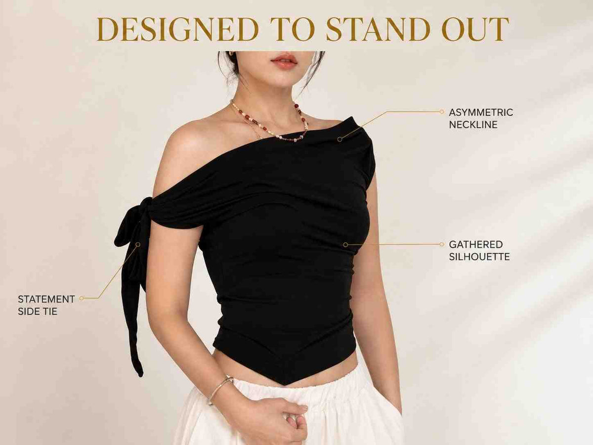 Asymmetric One Shoulder Crop Top, Ruched Tie Side Summer Shirt