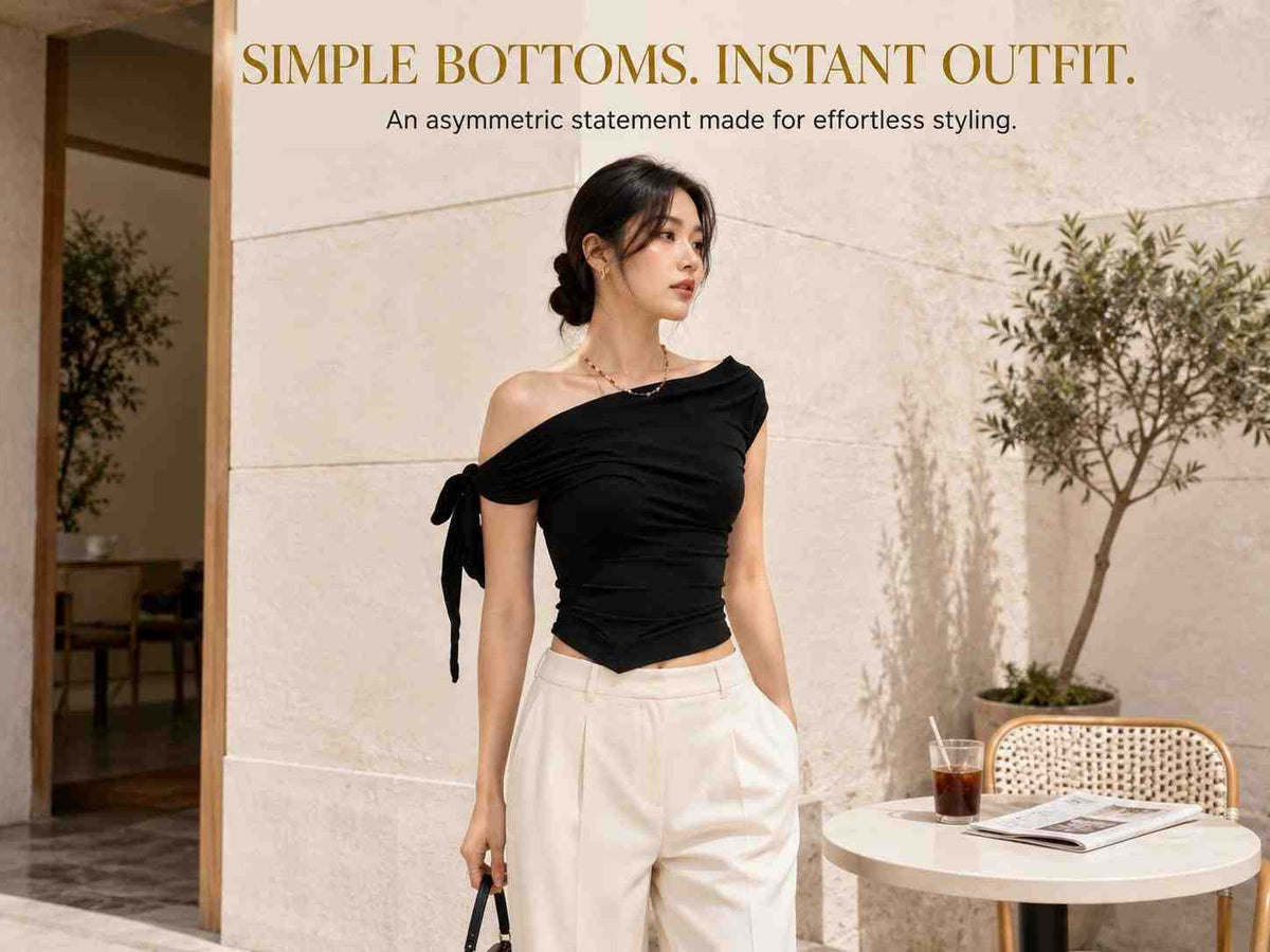 Asymmetric One Shoulder Crop Top, Ruched Tie Side Summer Shirt