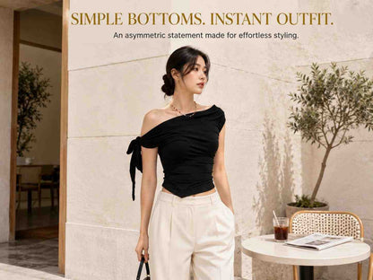 Asymmetric One Shoulder Crop Top, Ruched Tie Side Summer Shirt