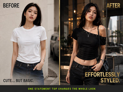Asymmetrical Shoulder Fitted Top, Ruched Stud Detail Tee, Y2K Streetwear Shirt