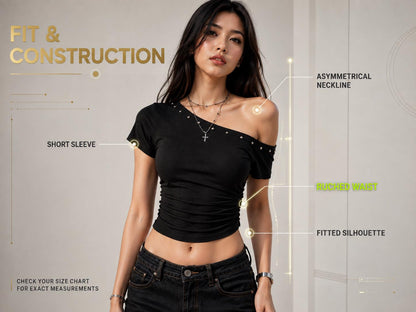 Asymmetrical Shoulder Fitted Top, Ruched Stud Detail Tee, Y2K Streetwear Shirt