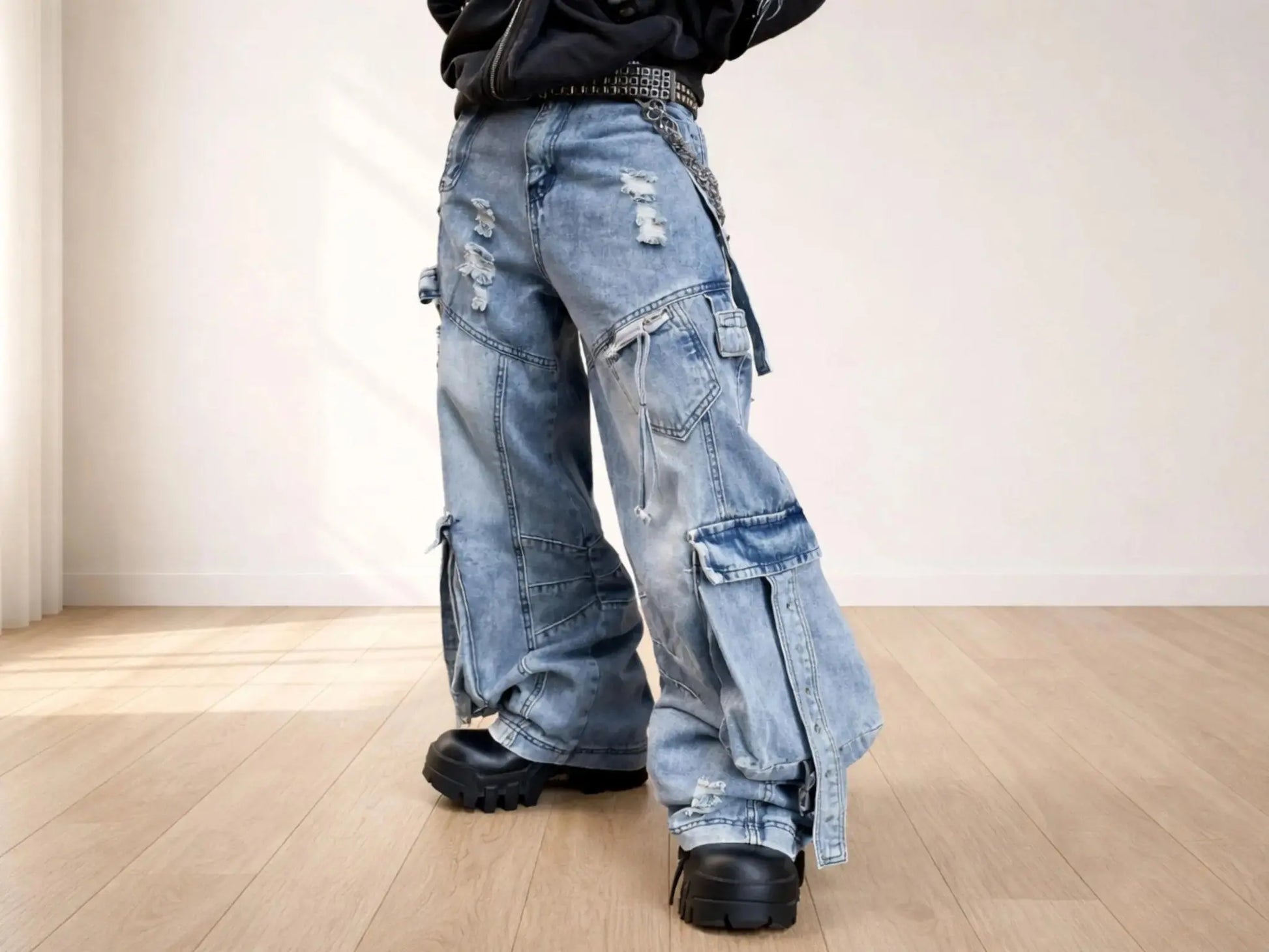Baggy Cargo Jeans | Washed Denim Ripped Wide Leg Pants | Buckle Strap Pockets JuChachaShop