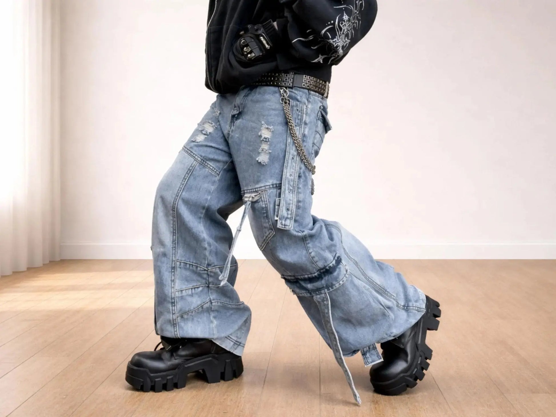 Baggy Cargo Jeans | Washed Denim Ripped Wide Leg Pants | Buckle Strap Pockets JuChachaShop
