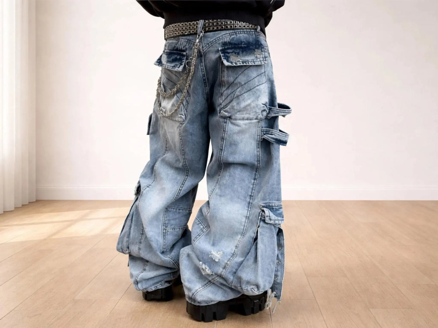 Baggy Cargo Jeans | Washed Denim Ripped Wide Leg Pants | Buckle Strap Pockets JuChachaShop