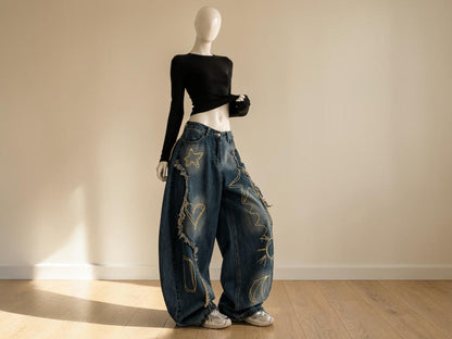 Baggy Star Embroidered Wide Leg Jeans | Loose Fit Denim Streetwear Pants