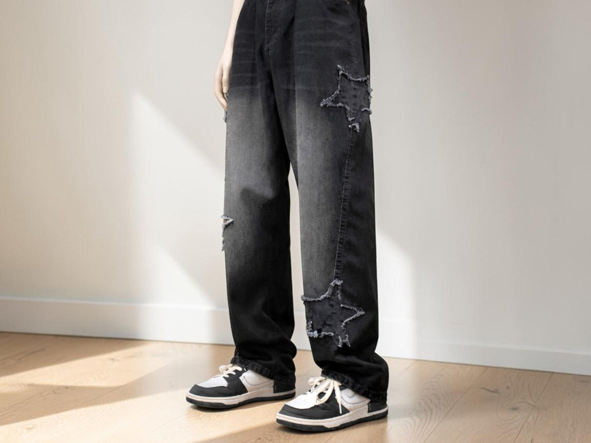 Baggy Star Patch Jeans | Washed Denim Wide Leg Streetwear Pants