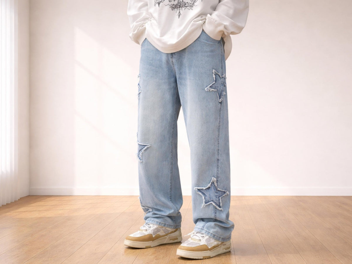 Baggy Star Patch Jeans | Washed Denim Wide Leg Streetwear Pants