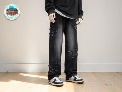 Baggy Star Patch Jeans | Washed Denim Wide Leg Streetwear Pants