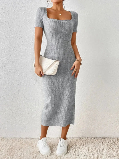 BellaForma™ Women's Ribbed Midi Dress with Square Neck & Side Slit JuChachaShop