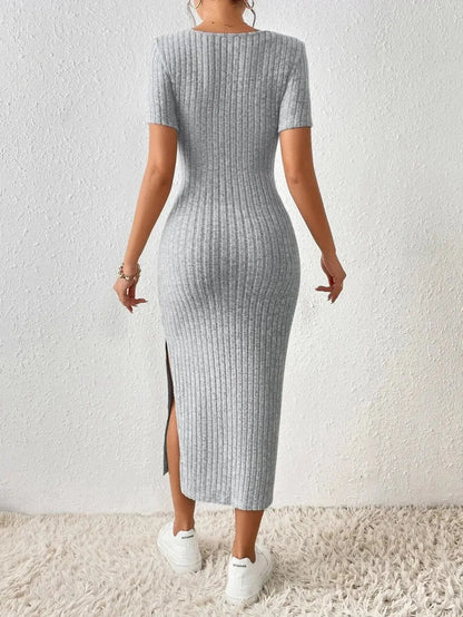 BellaForma™ Women's Ribbed Midi Dress with Square Neck & Side Slit JuChachaShop