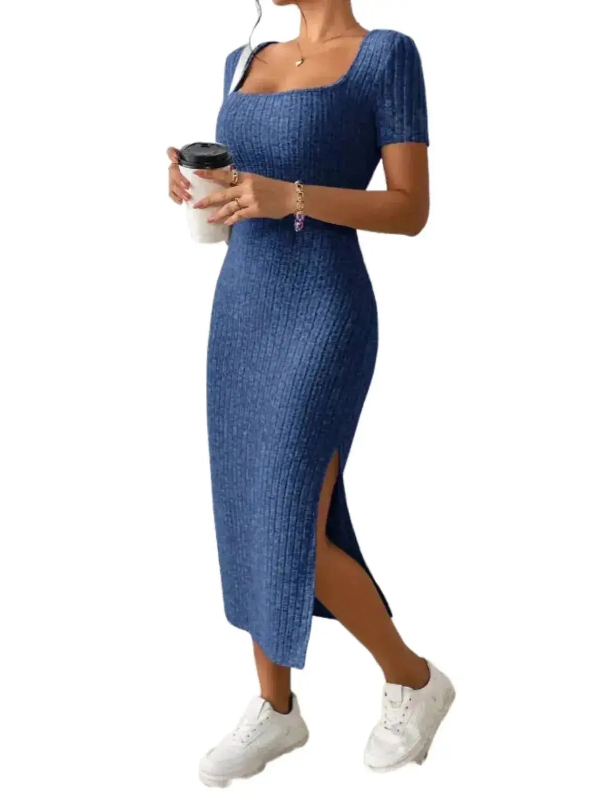 BellaForma™ Women's Ribbed Midi Dress with Square Neck & Side Slit JuChachaShop