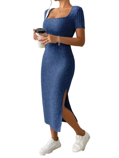 BellaForma™ Women's Ribbed Midi Dress with Square Neck & Side Slit JuChachaShop