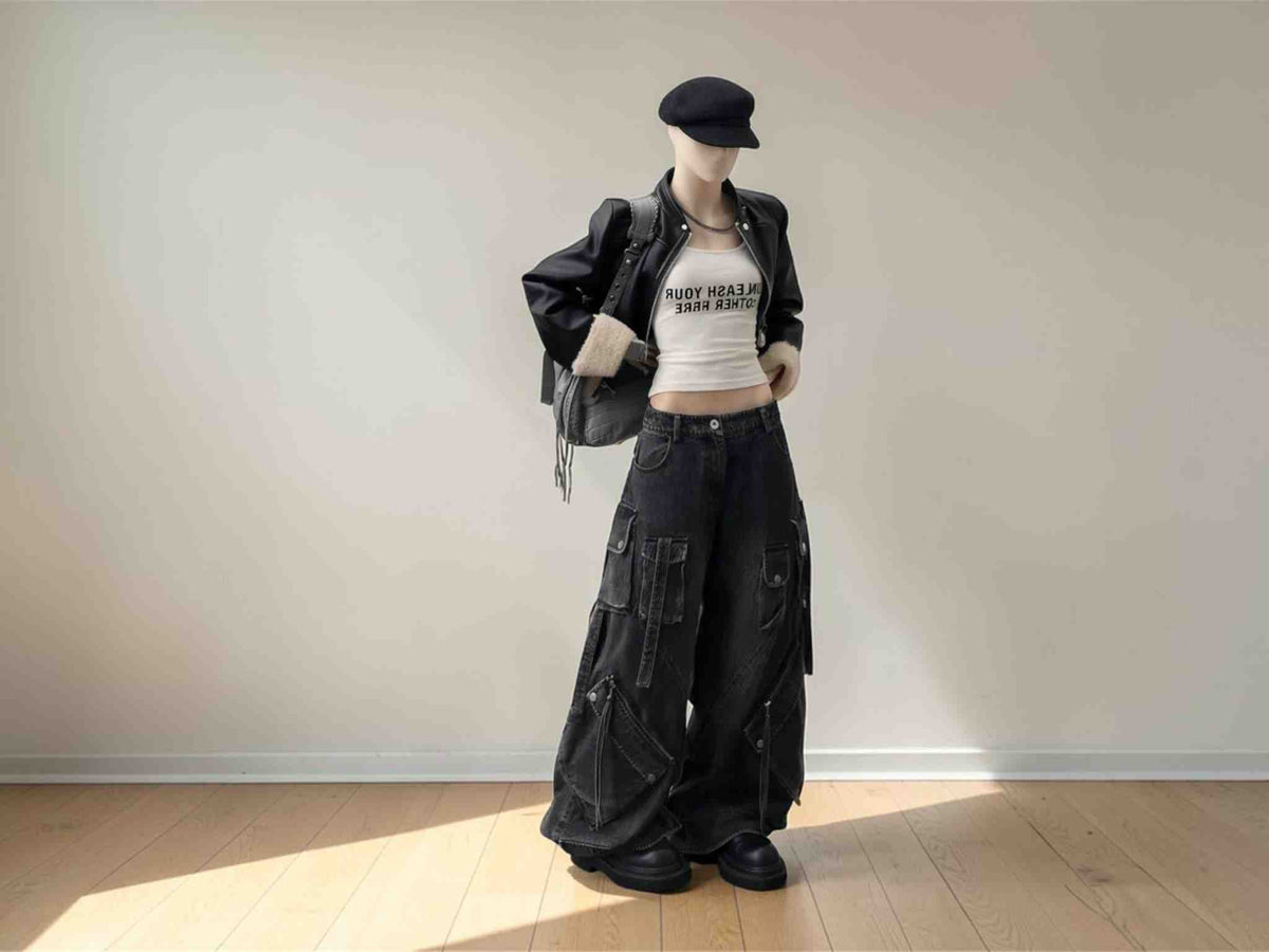 Black Cotton Denim Cargo Jeans | Wide Leg Loose Fit Streetwear Pants
