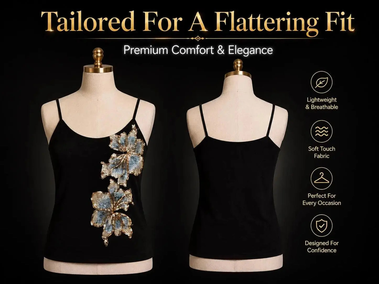 Black Floral Cami Top for Women | Elegant Sleeveless Blouse JuChachaShop
