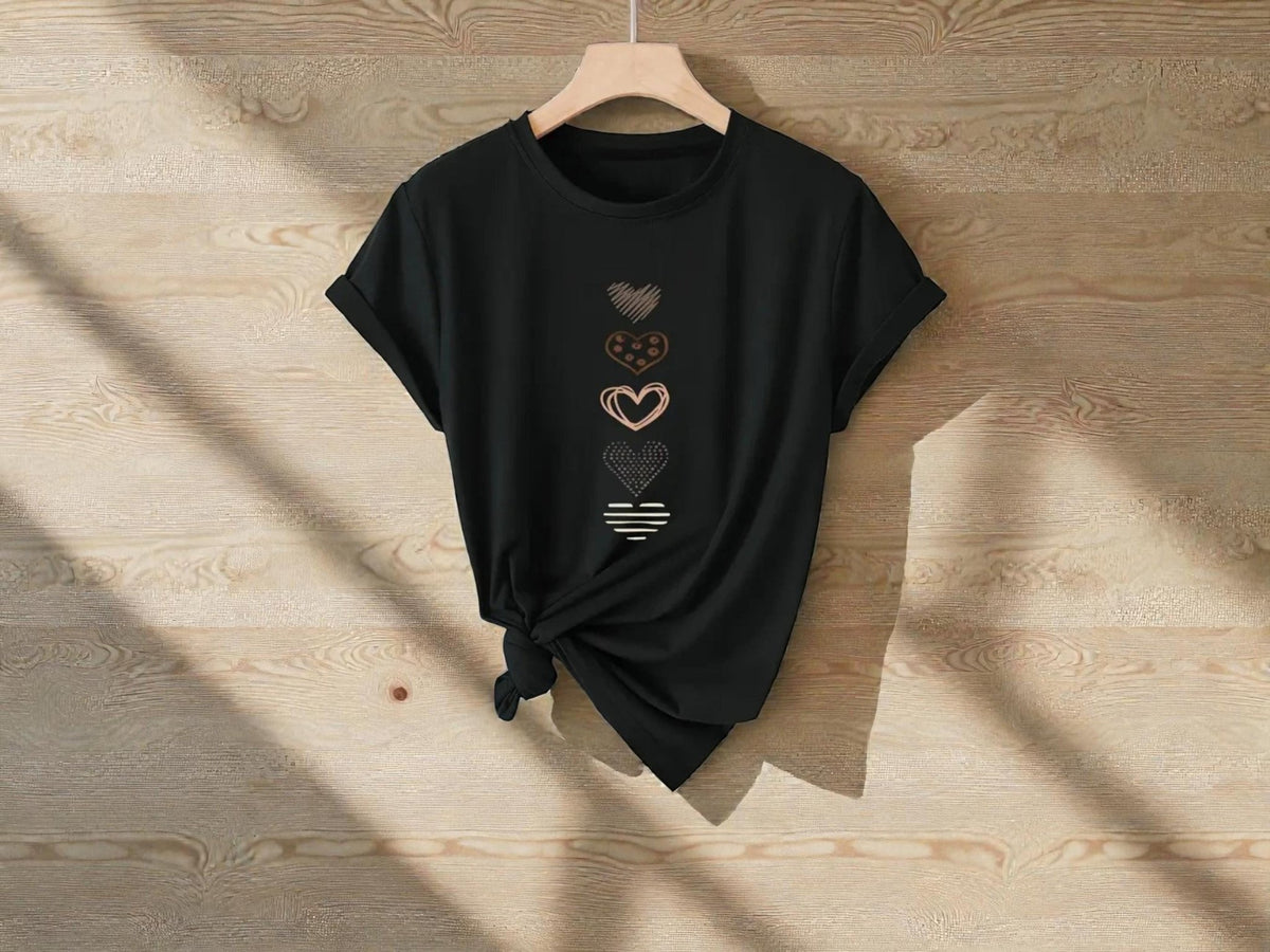 Black Graphic T-Shirt | Minimal Hearts, Soft Fabric, Relaxed Fit