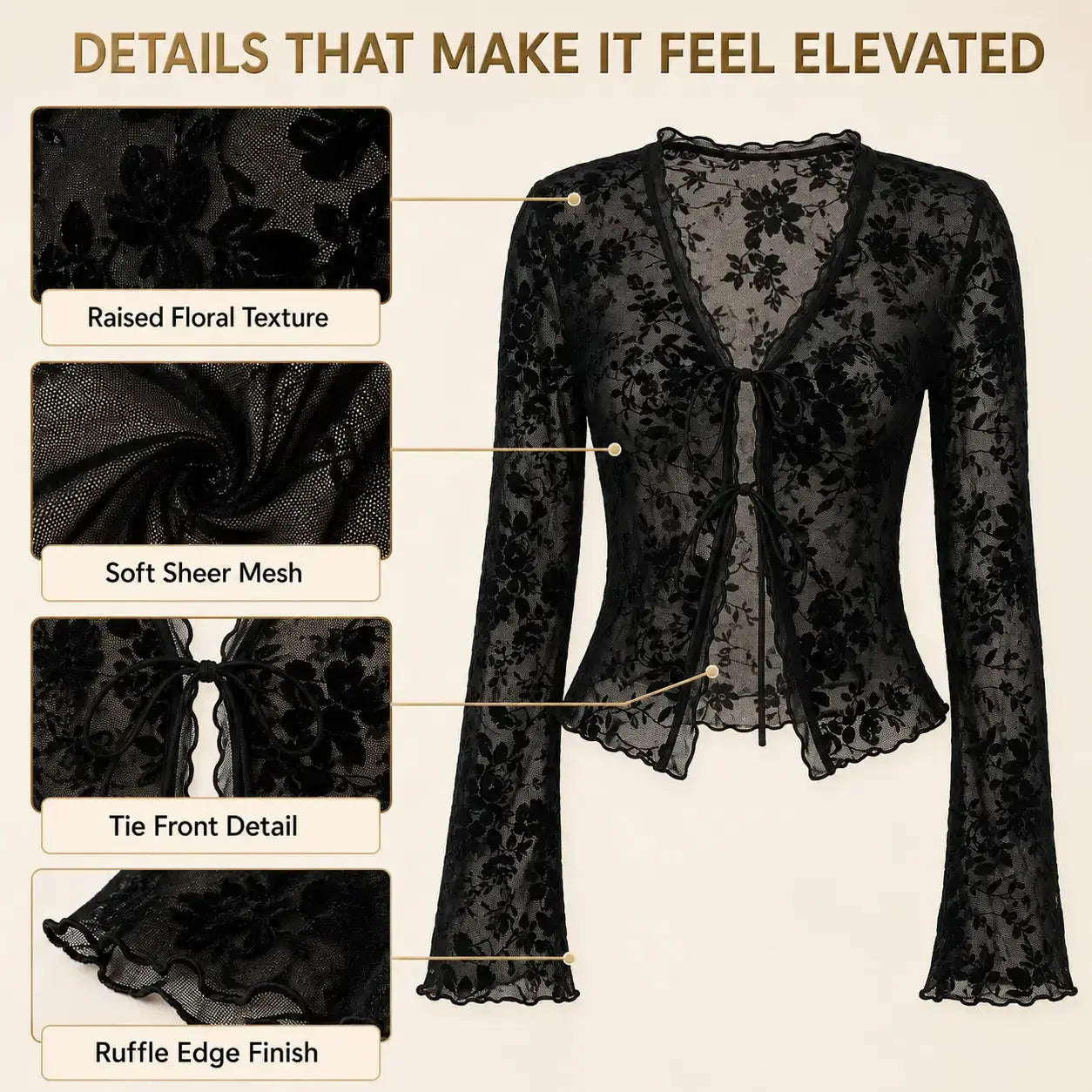 Black Sheer Floral Lace Blouse | Tie Front Long Sleeve Mesh Top Jumartins