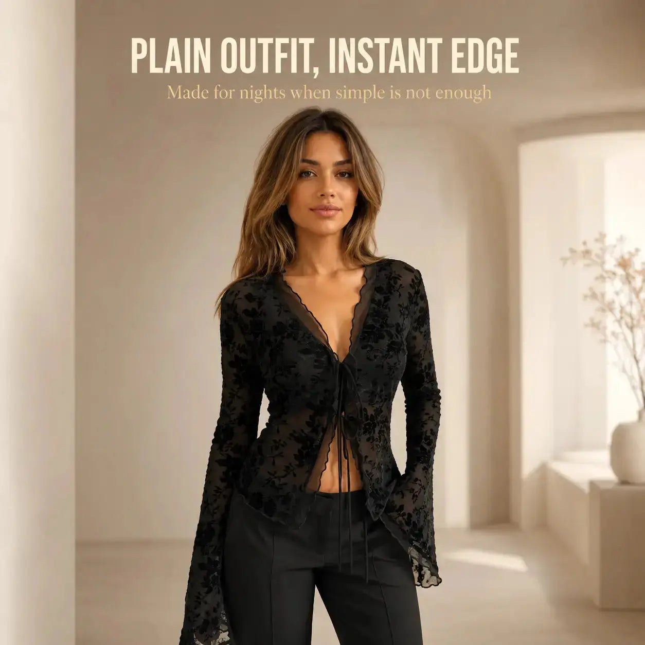 Black Sheer Floral Lace Blouse | Tie Front Long Sleeve Mesh Top Jumartins