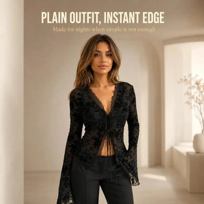 Black Sheer Floral Lace Blouse | Tie Front Long Sleeve Mesh Top Jumartins