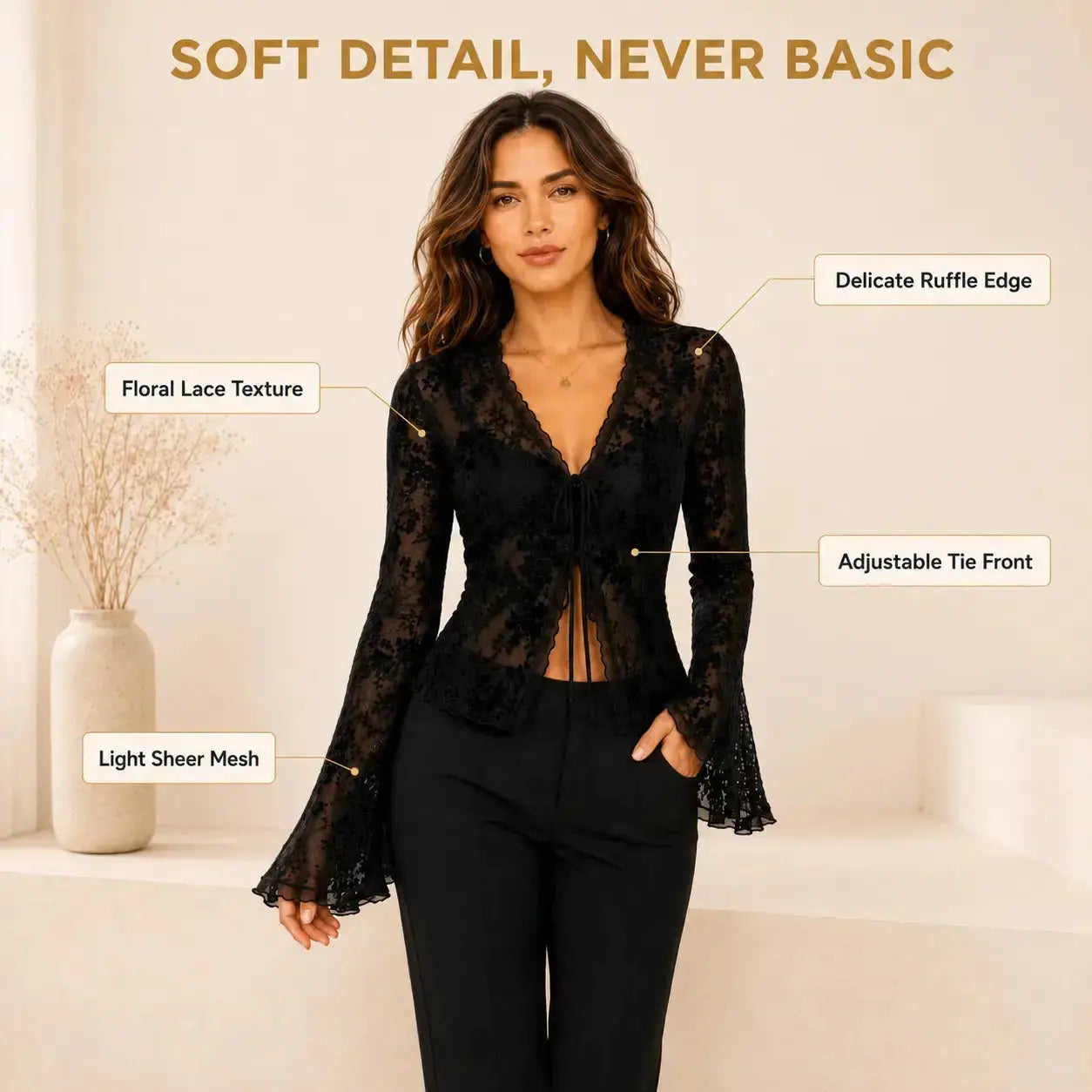 Black Sheer Floral Lace Blouse | Tie Front Long Sleeve Mesh Top Jumartins