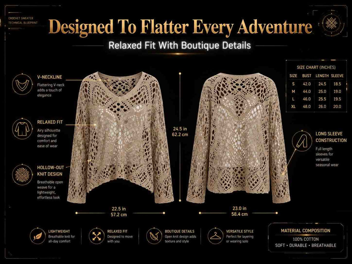 Boho Crochet Knit Sweater Top: Women's Beach Cover Up, Loose Bohemian Summer Blouse