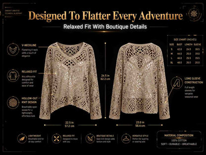 Boho Crochet Knit Sweater Top: Women's Beach Cover Up, Loose Bohemian Summer Blouse