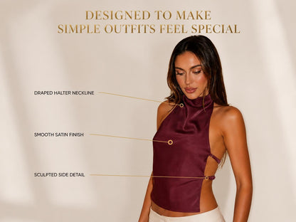 Burgundy Red Halter Neck Satin Top – Elegant Sleeveless Evening Blouse, Minimalist Party Top