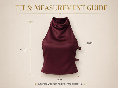 Burgundy Red Halter Neck Satin Top – Elegant Sleeveless Evening Blouse, Minimalist Party Top