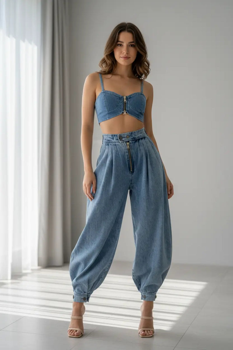 Calça balloon denim conjunto