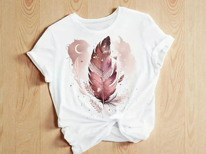 Celestial Print Shirt | Feather Moon Art Tee, Women's Relaxed Fit Casual Top JuChachaShop