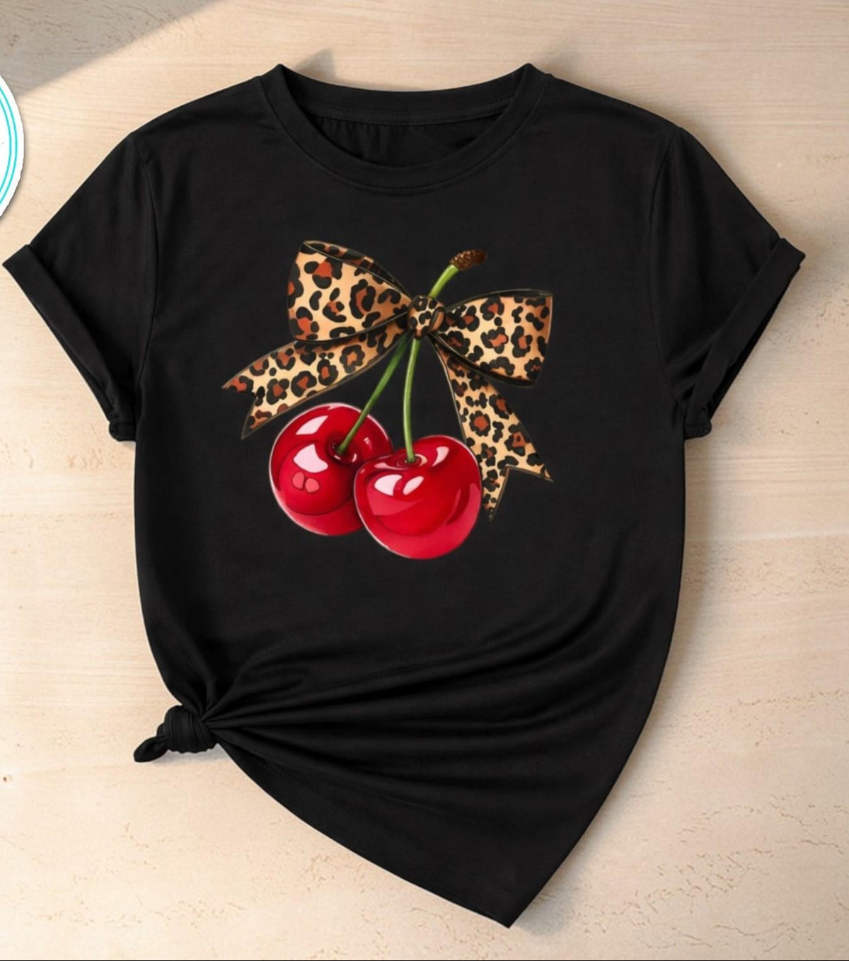 Leopard Print Cherry Tee -Black
