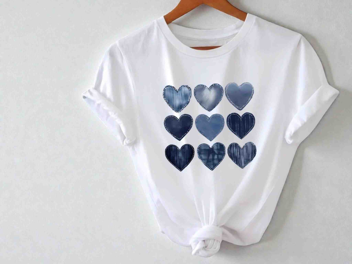 Denim Heart Print Tee | Women's Romantic Graphic Top