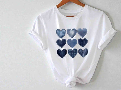 Denim Heart Print Tee | Women's Romantic Graphic Top