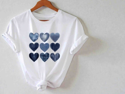 Denim Heart Print Tee | Women's Romantic Graphic Top