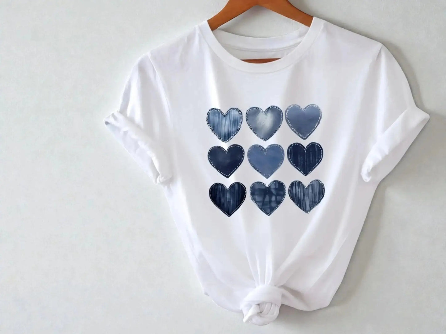 Denim Heart Print Tee | Women's Romantic Graphic Top JuChachaShop