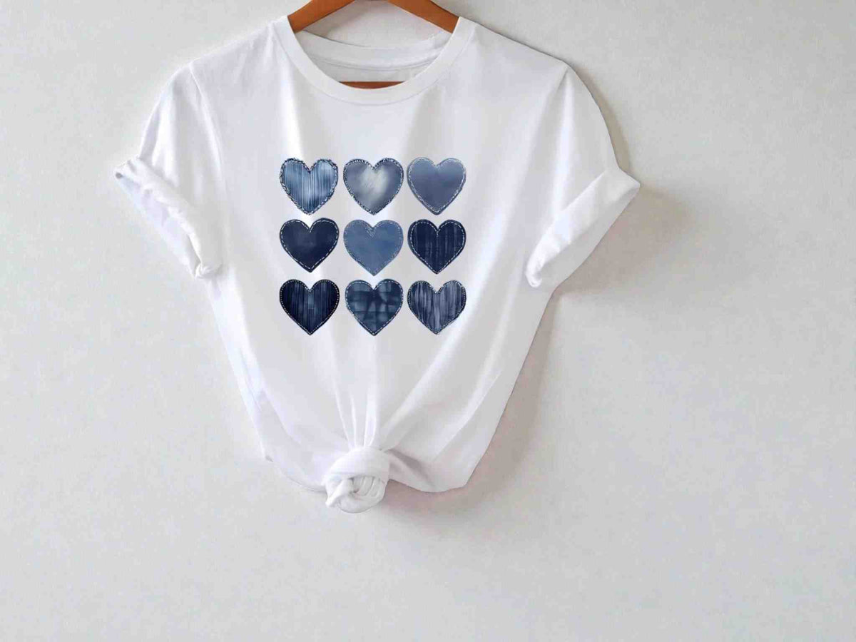 Denim Heart Print Tee | Women's Romantic Graphic Top