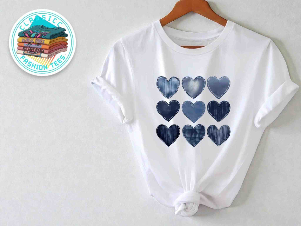 Denim Heart Print Tee | Women's Romantic Graphic Top