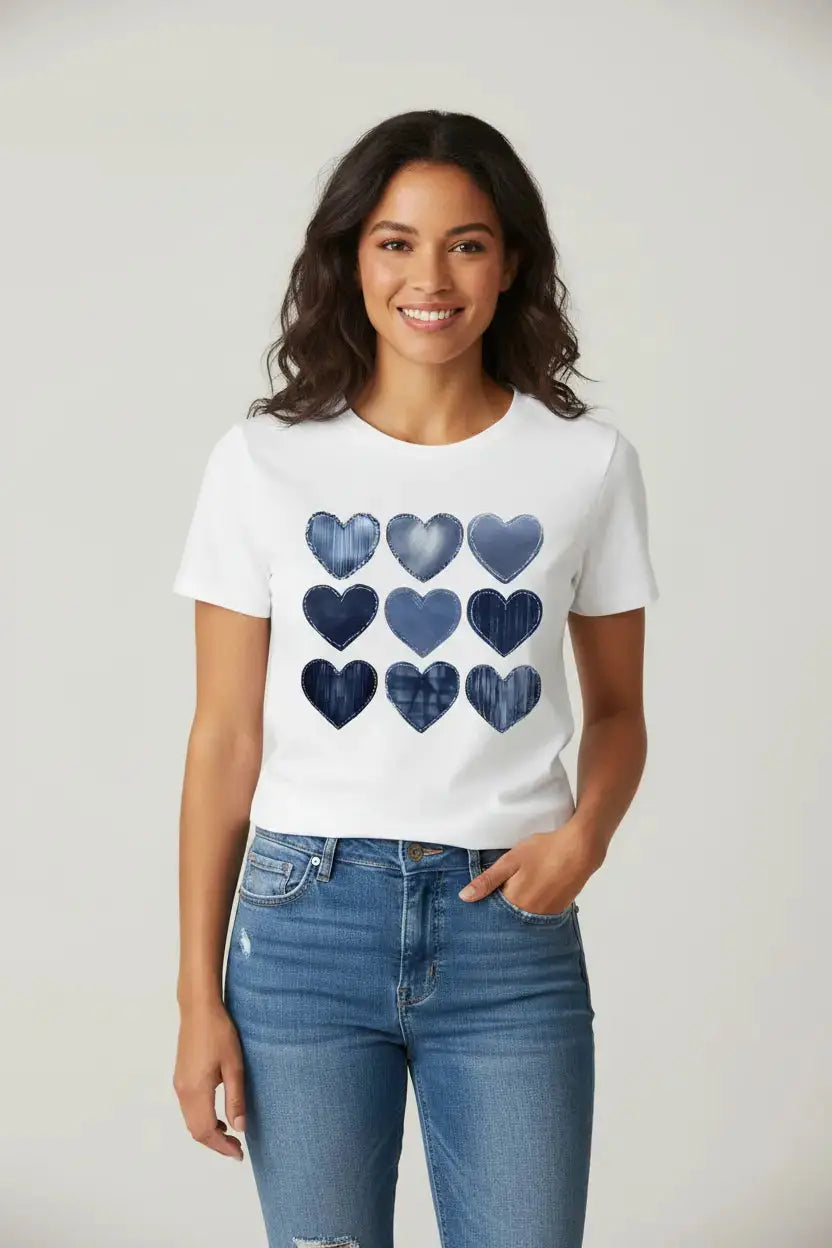Modelo feminina camiseta coracõezinhos jeans estúdio