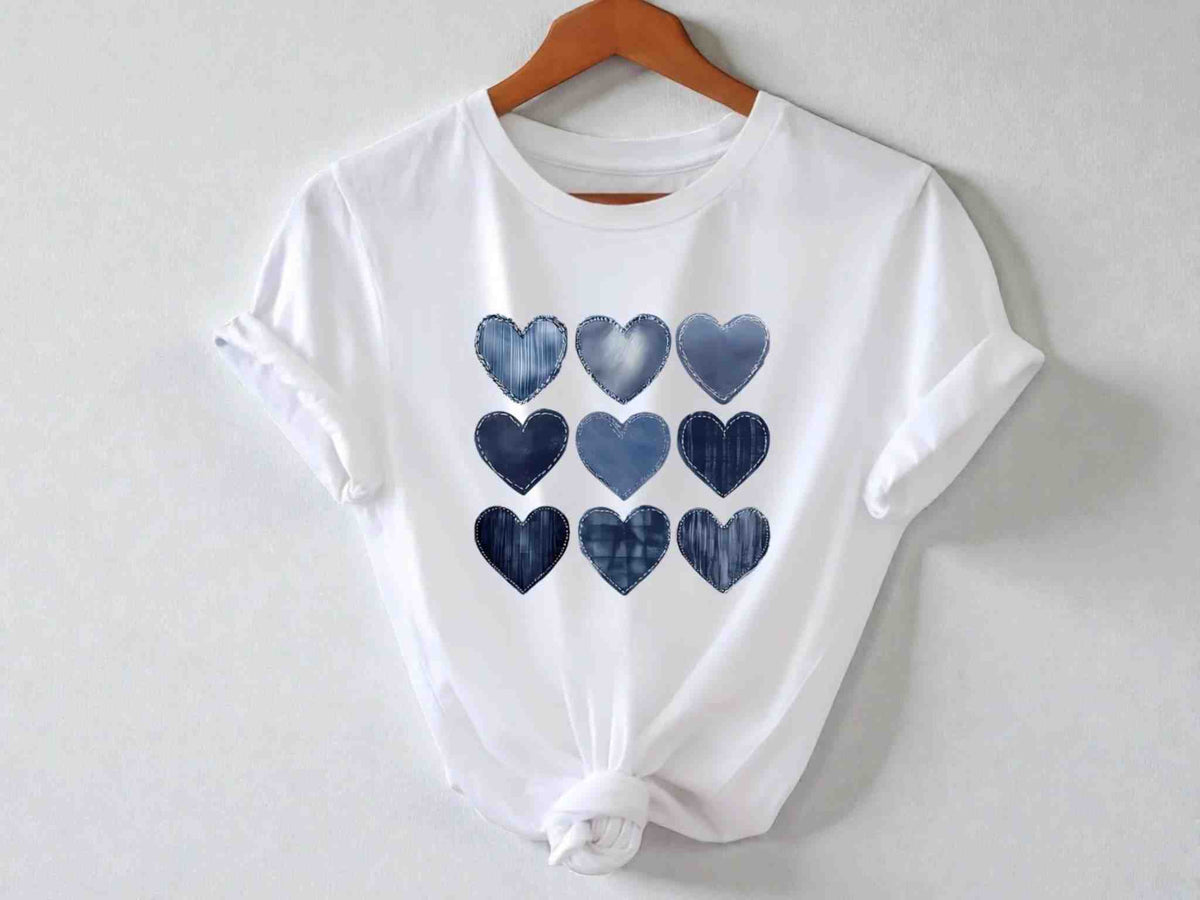 Denim Heart Print Tee | Women's Romantic Graphic Top