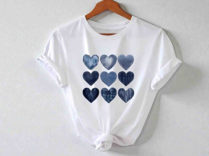 Denim Heart Print Tee | Women's Romantic Graphic Top