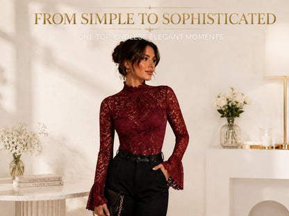 Elegant Floral Lace Long Sleeve Top | High Neck Sheer Layering Shirt