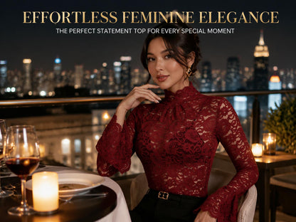 Elegant Floral Lace Long Sleeve Top | High Neck Sheer Layering Shirt
