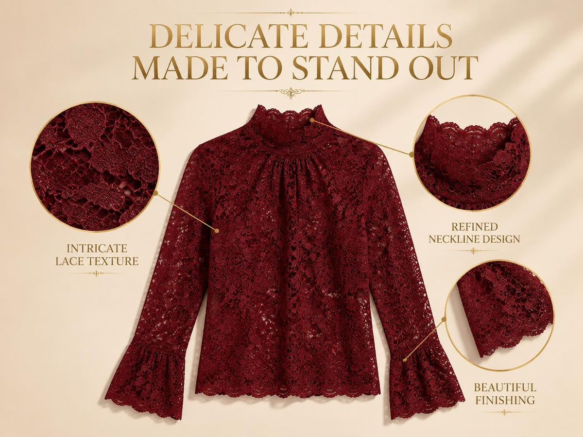 Elegant Floral Lace Long Sleeve Top | High Neck Sheer Layering Shirt